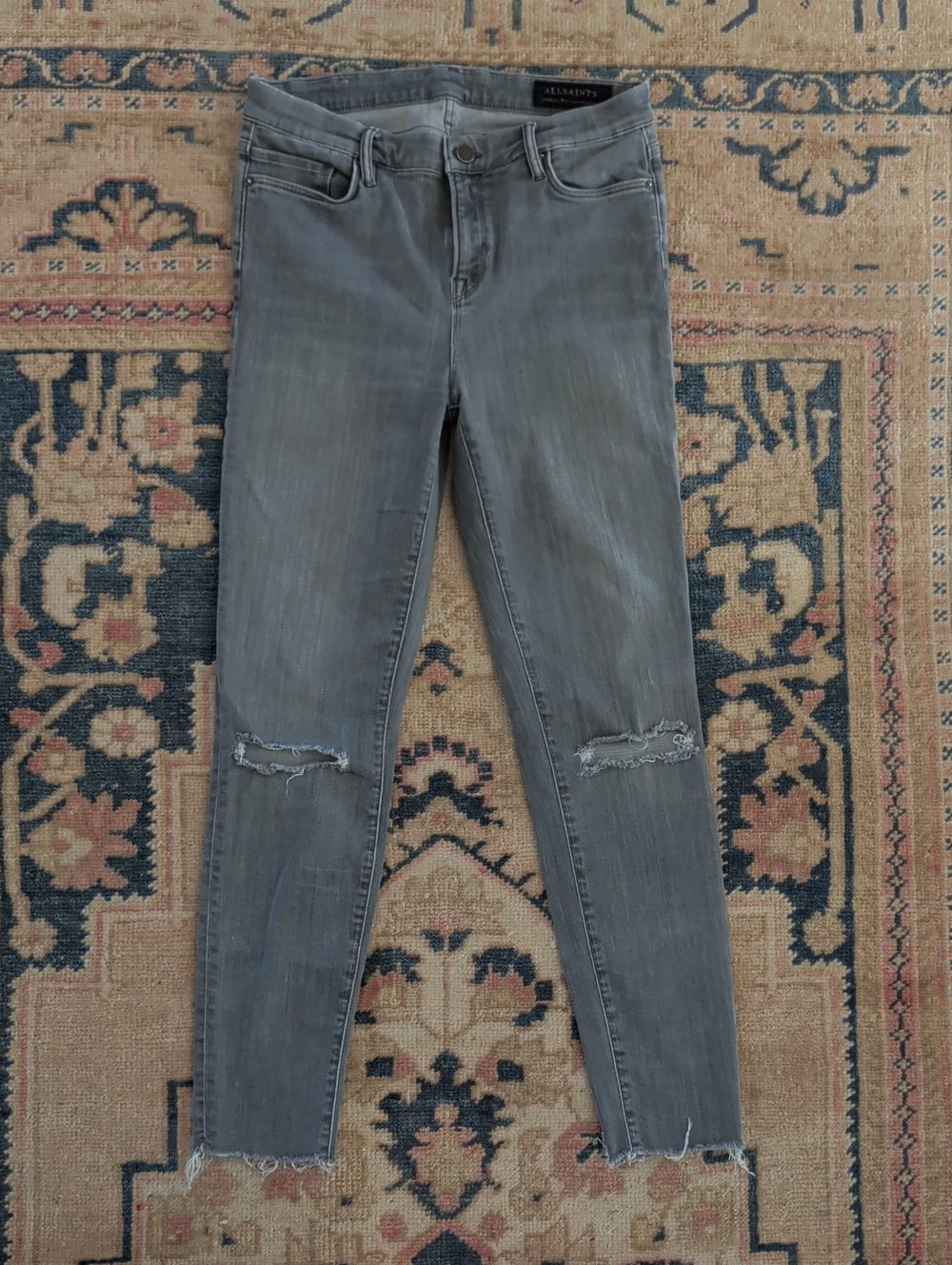 All Saints Grace Slashed Grey Skinny Distressed Knee Jeans